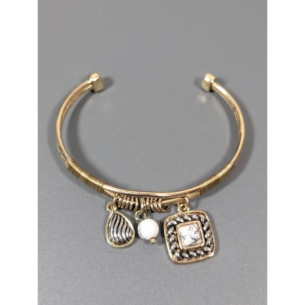 Two Tone Cable Cuff Bracelet Gold Silver Square‎ Charm Small 6 in Minimalist